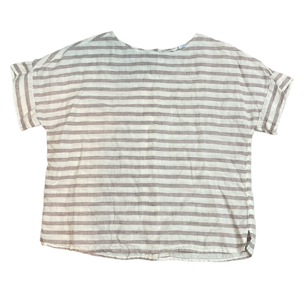 Sigrid Olsen Linen Stripe Top Button Back Blouse Size Medium